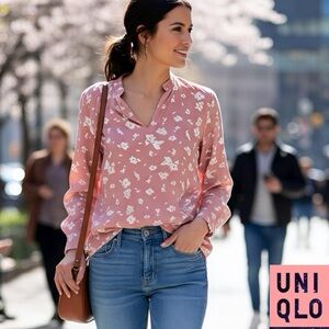 Uniqlo Pink Floral V-Neck Long-Sleeve Blouse